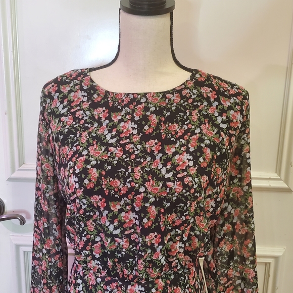 Ax Paris Black/Mauve/Green Multi-color Floral Long Sleeve Mini Dress, Size 18 - Picture 3 of 15